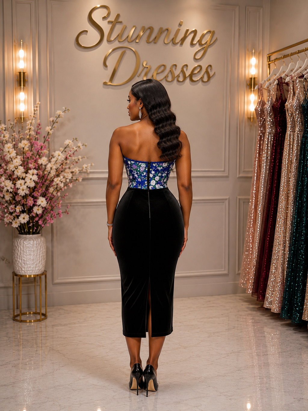 SDD4009 Retro Floral Corset Midi Dress
