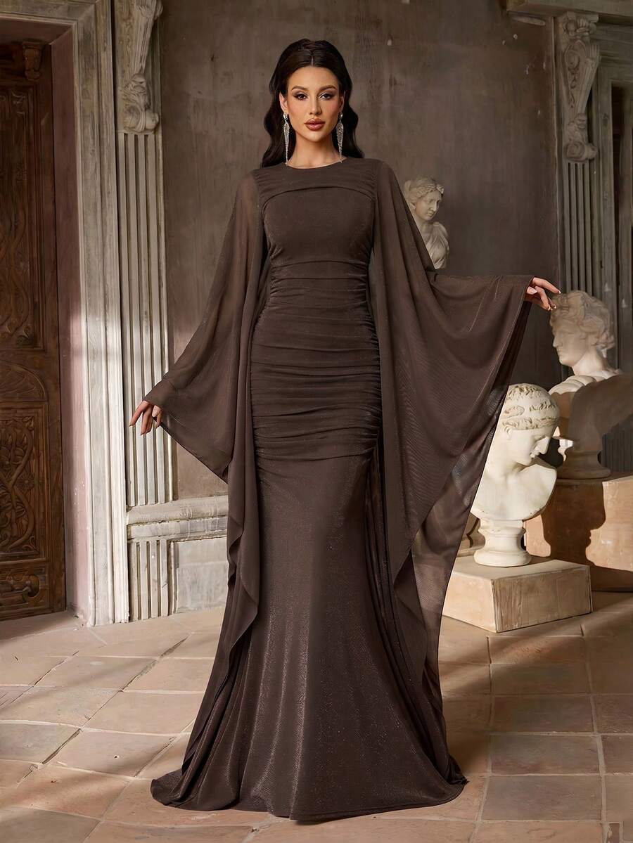 SDE3254 Knitted Satin Cape Sleeve Bodycon Mermaid Dress – Stunning Dresses