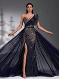 SD3270 One-Shoulder Navy Blue Sequin Beaded Trailing Gown