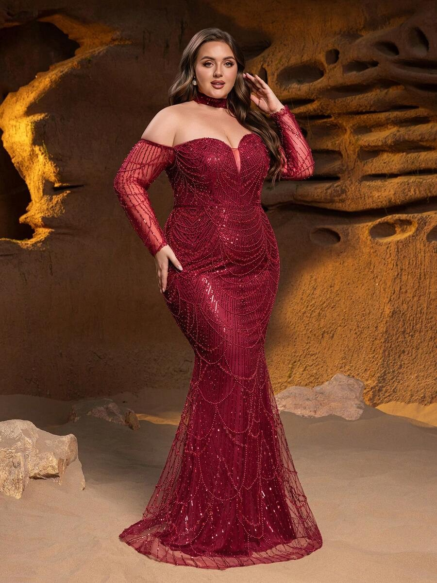 SD3245 One-Shoulder Fish-Scale Sequin Gown