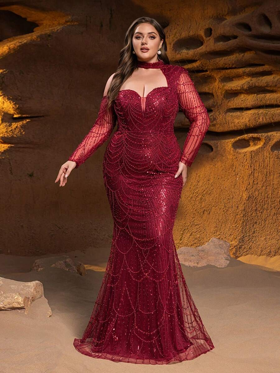 SD3245 One-Shoulder Fish-Scale Sequin Gown