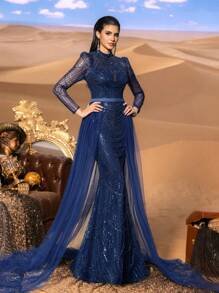 SD3223 Geometric Beaded Tulle A-Line Gown - UK18(XXL), Navy Blue image