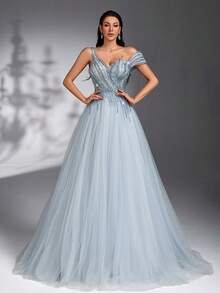 SD3179 Luxe Beaded Asymmetrical Tulle Maxi image 1