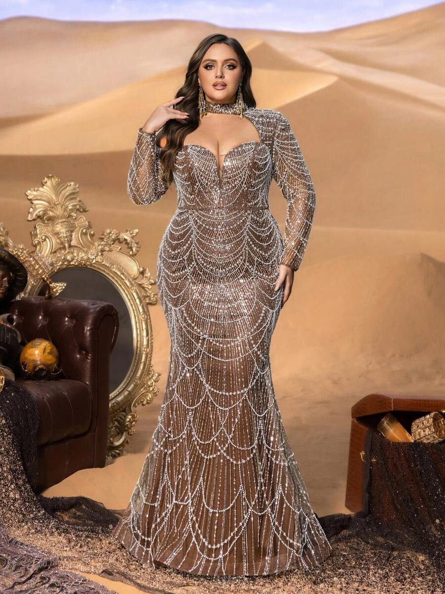 SD3245 One-Shoulder Fish-Scale Sequin Gown