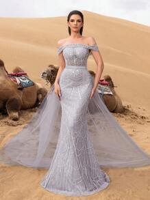 SD3215 Off-Shoulder Tulle Overlay Mermaid Gown image 5