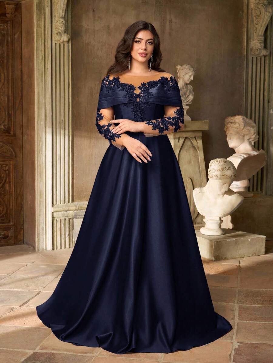 SDE3252 Plus Size Burgundy Lace Applique Off-Shoulder Satin Dress