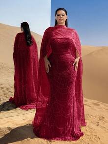 SD3232 Plus Size Mock Neck Beaded Cape-Sleeve Gown - UK22 (3XL), Red image
