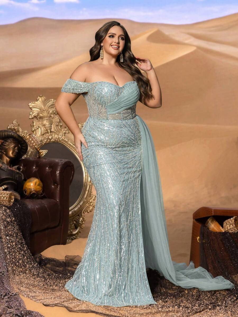 SD3241 Off-Shoulder Sequined Slit Gown