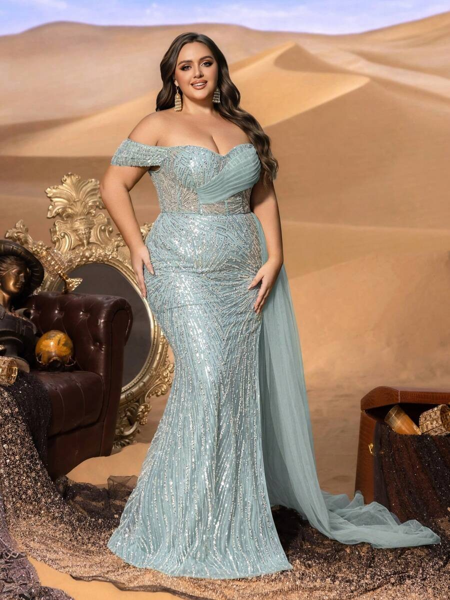 SD3241 Off-Shoulder Sequined Slit Gown