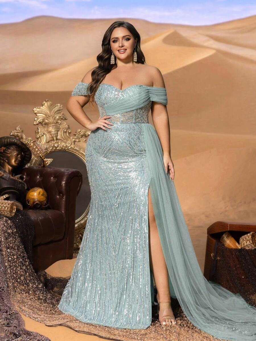 SD3241 Off-Shoulder Sequined Slit Gown