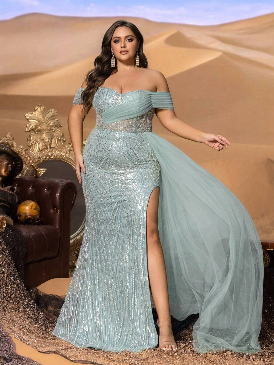 SD3241 Off-Shoulder Sequined Slit Gown