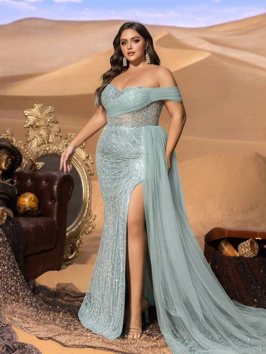 SD3241 Off-Shoulder Sequined Slit Gown