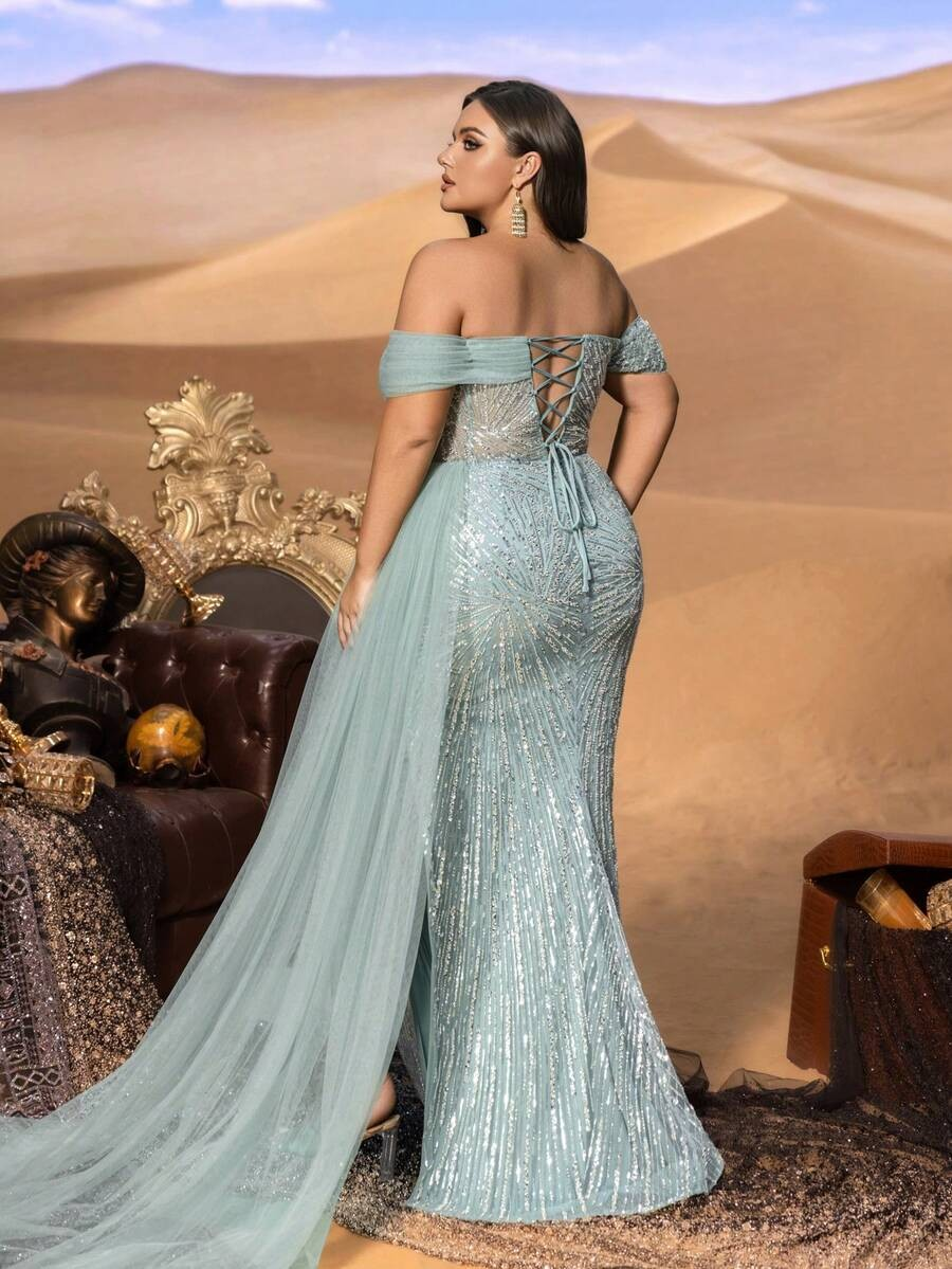 SD3241 Off-Shoulder Sequined Slit Gown