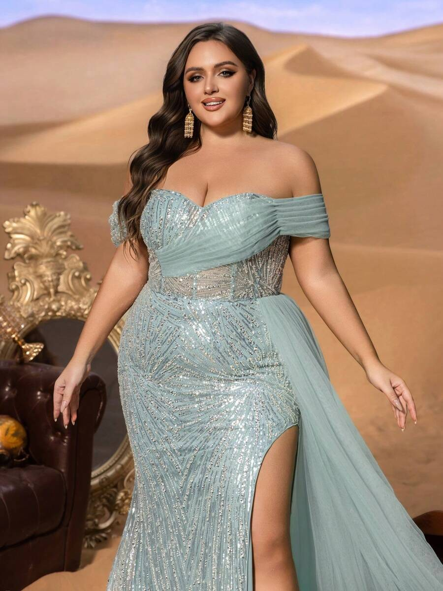 SD3241 Off-Shoulder Sequined Slit Gown