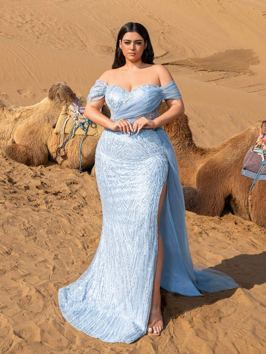 SD3241 Off-Shoulder Sequined Slit Gown
