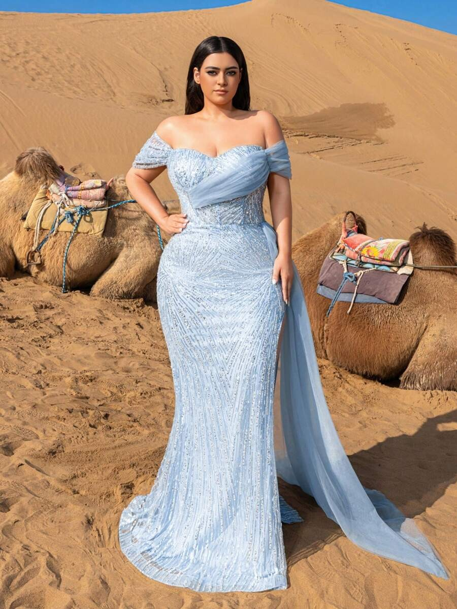 SD3241 Off-Shoulder Sequined Slit Gown