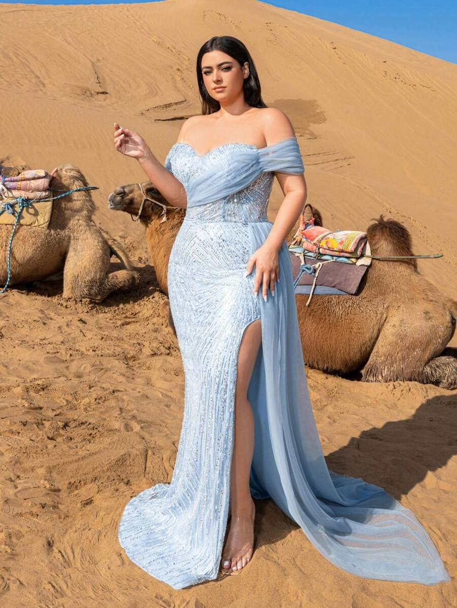 SD3241 Off-Shoulder Sequined Slit Gown