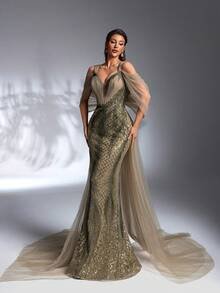 SD3268 Olive Green Sequin Beaded Ruffle Mermaid Gown image 2