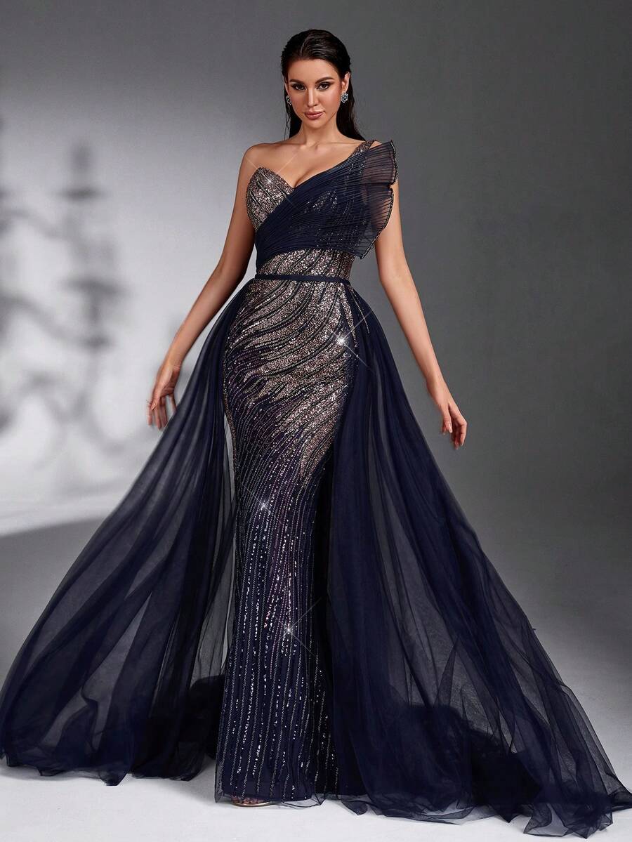 SD3270 One-Shoulder Navy Blue Sequin Beaded Trailing Gown