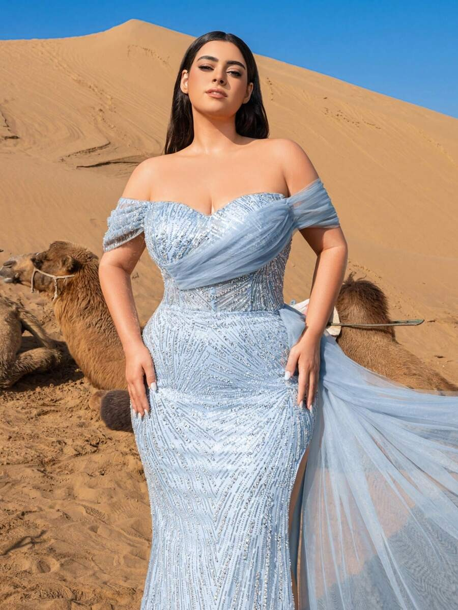 SD3241 Off-Shoulder Sequined Slit Gown