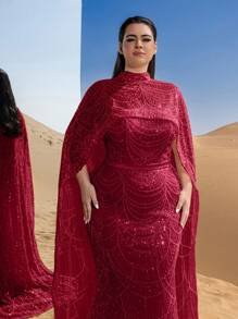 SD3232 Plus Size Mock Neck Beaded Cape-Sleeve Gown - Uk18 (1XL), Red image