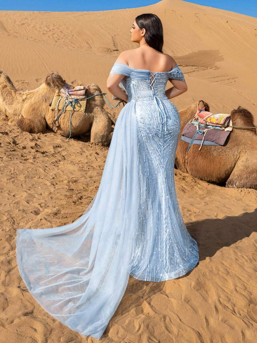 SD3241 Off-Shoulder Sequined Slit Gown