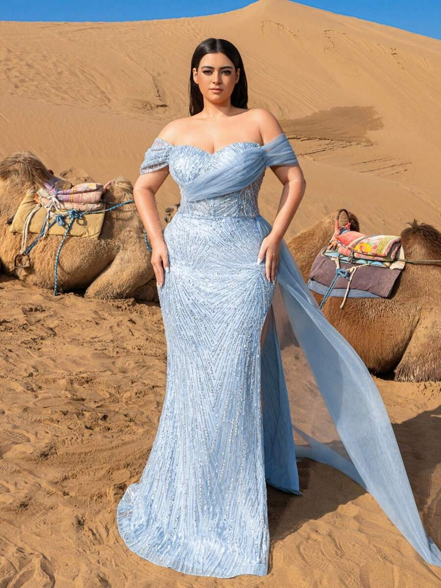 SD3241 Off-Shoulder Sequined Slit Gown