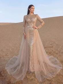 SD3223 Geometric Beaded Tulle A-Line Gown - UK8(s), champagne image