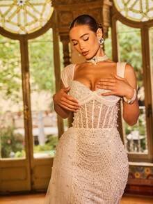 SD3224 V-Neck Long-Sleeve Beaded A-Line Gown - 12/14 (L), White image