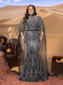 SD3232 Plus Size Mock Neck Beaded Cape-Sleeve Gown image 13