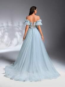 SD3198 Light Blue Floral Off-Shoulder Mesh Gown image 3