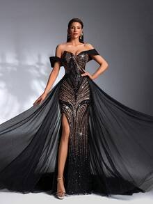 SD3271 Black & Gold Pearl Sequin Trailing Gown - Black, UK18 image