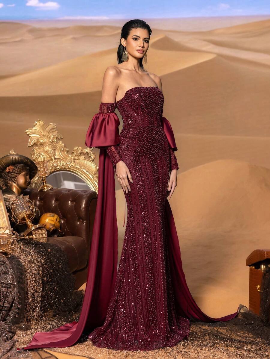 SD3222 Off-Shoulder Mermaid Gown with Flowing Sleeves image 0