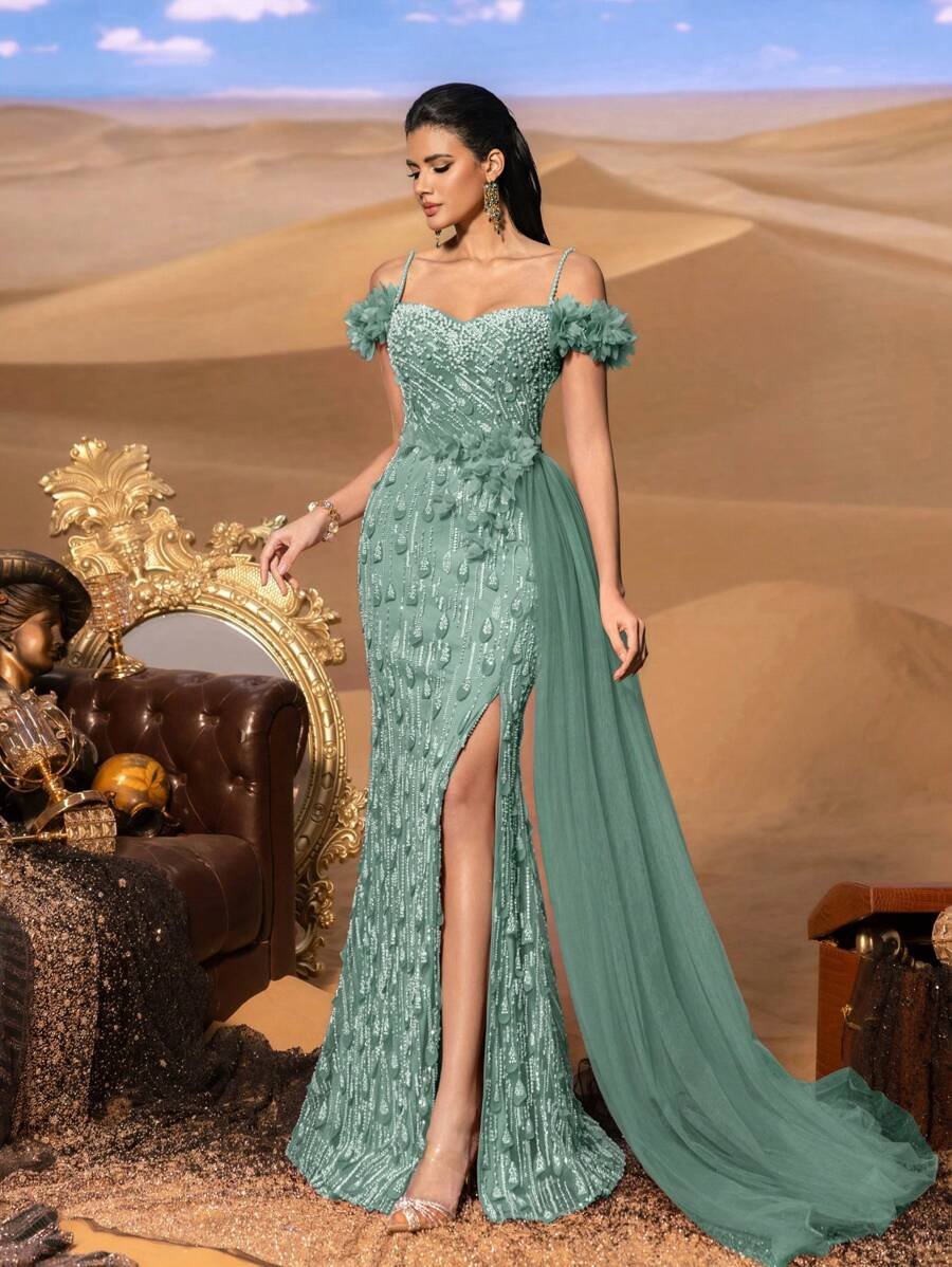 SD3220 Off-Shoulder Pearl & Beaded Slit Gown - UK16(XL), Green image