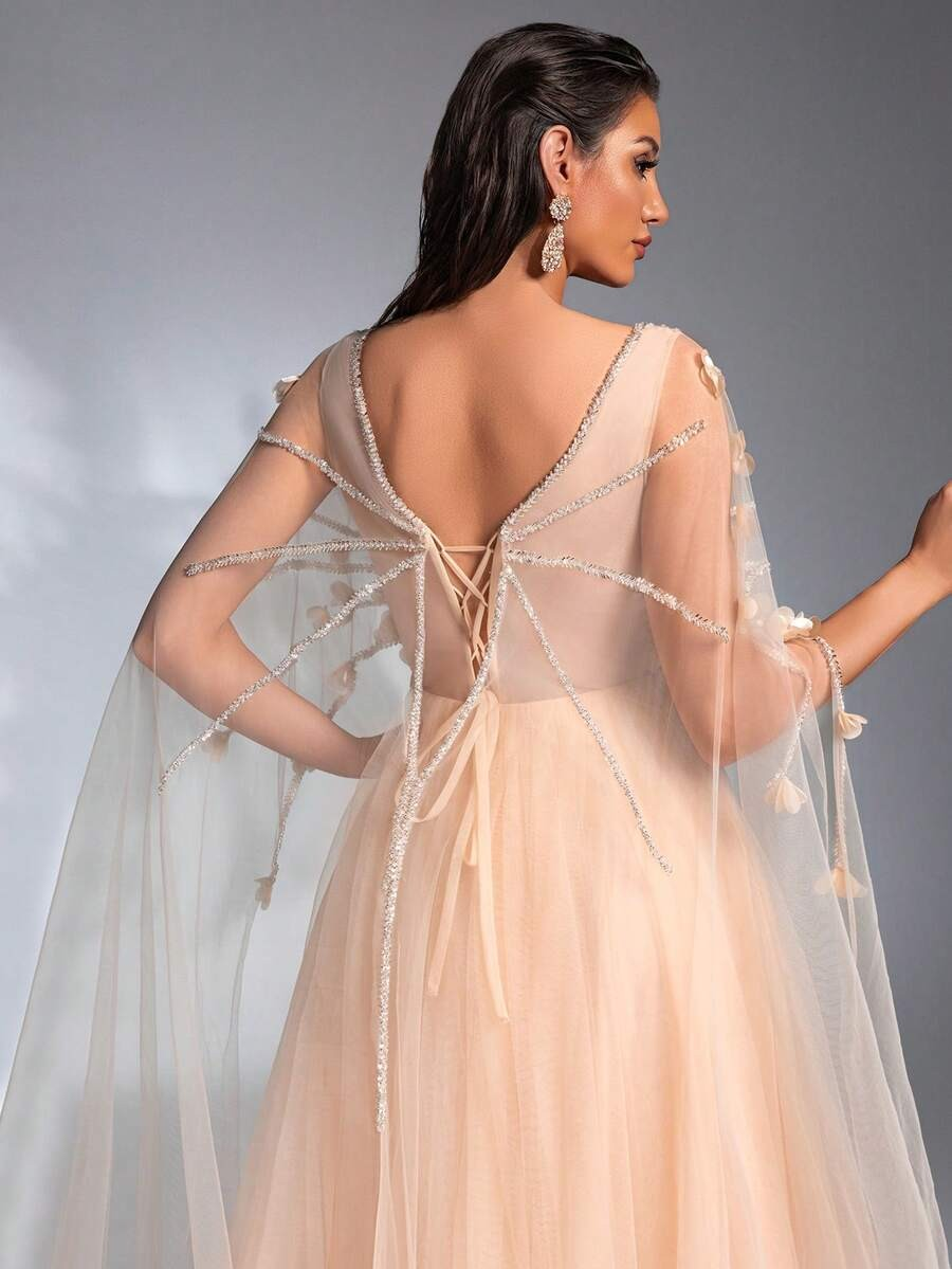 SD3208 Cloak Sleeve 3D Floral Mesh Gown
