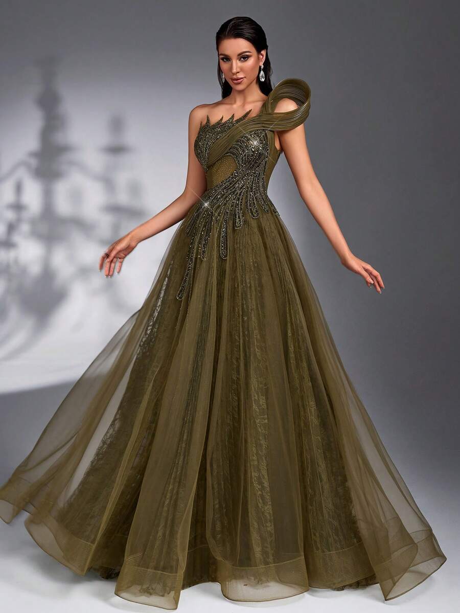 SD3266 Beaded Rhinestone Lace & Mesh Maxi Gown