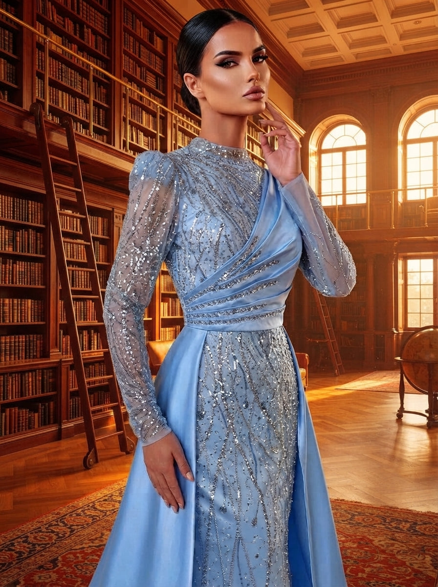 SDE3271 Luxury Beaded Embroidered Sequin Satin Fishtail Gown