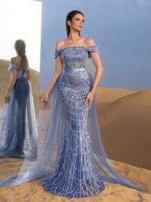 SD3215 Off-Shoulder Tulle Overlay Mermaid Gown - UK10(m), Dusty Blue image