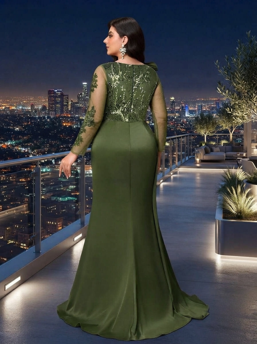 SDE3272 Plus Size Olive Green Beaded Taffeta High-Slit Gown