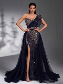 SD3270 One-Shoulder Navy Blue Sequin Beaded Trailing Gown (Copy) - Navy, UK20 image
