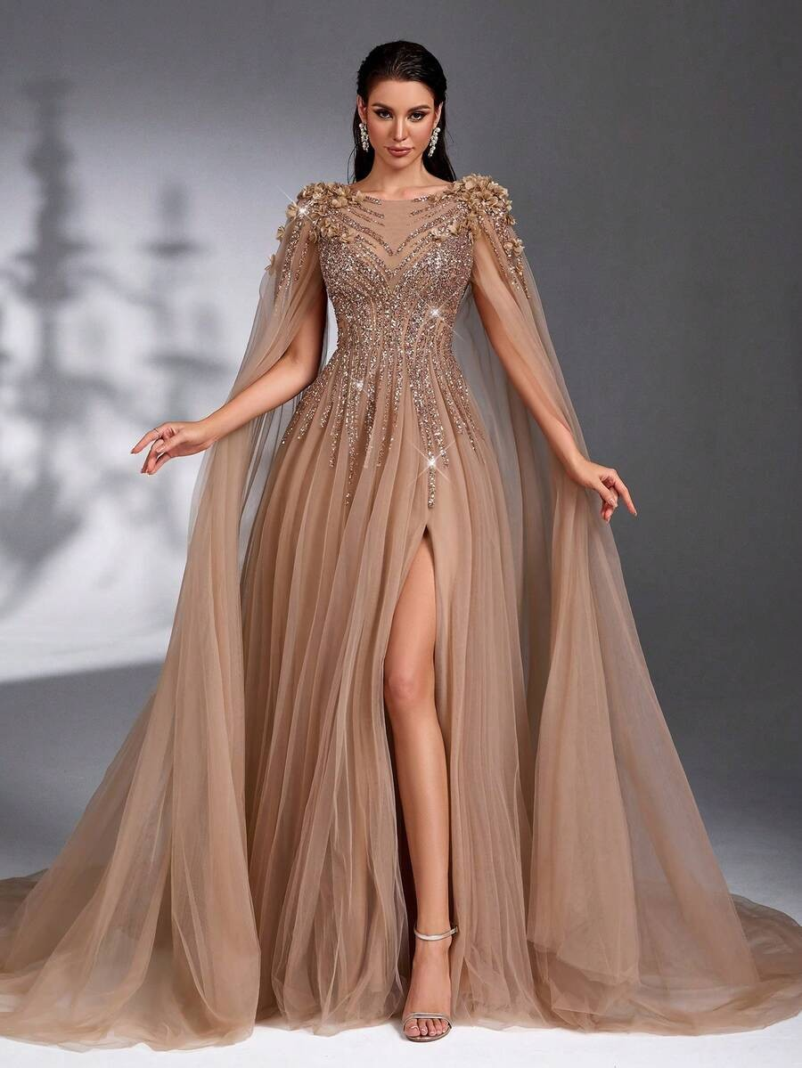 SD3175 Luxe Champagne Tulle Floral Gown