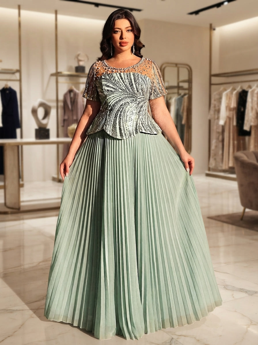 SDE3282 Plus Size Sage Green Sequin & Rhinestone Chiffon Flared Gown
