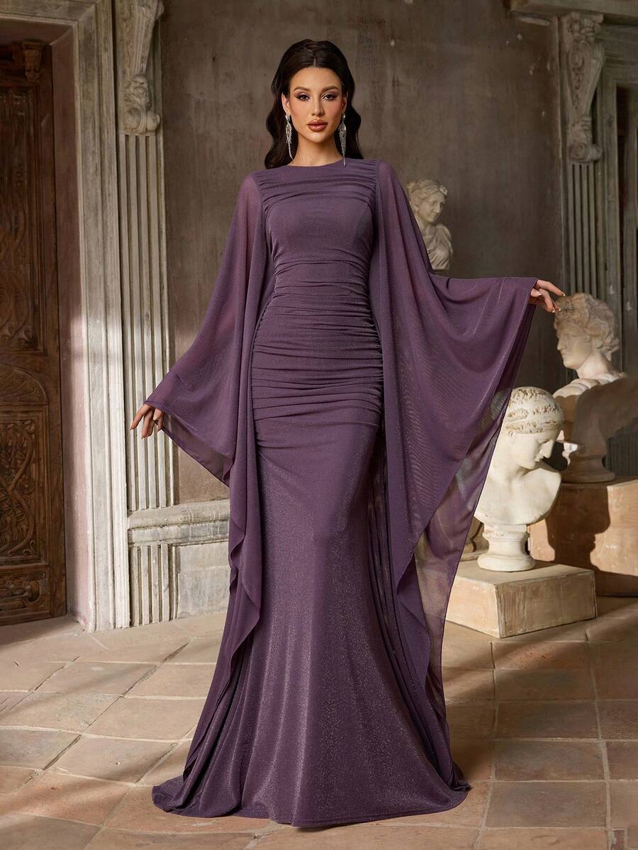 SDE3254 Knitted Satin Cape Sleeve Bodycon Mermaid Dress