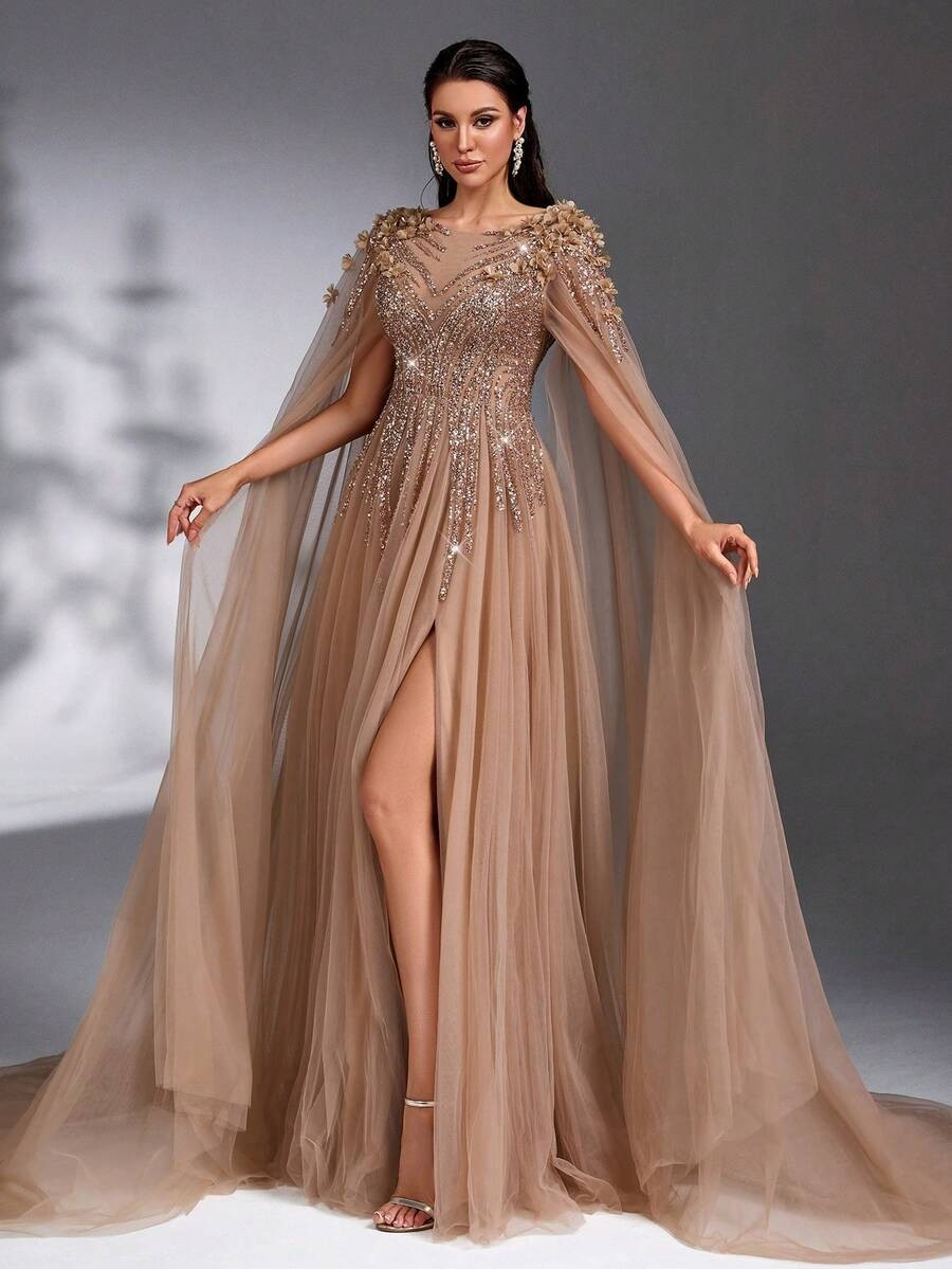 SD3175 Luxe Champagne Tulle Floral Gown