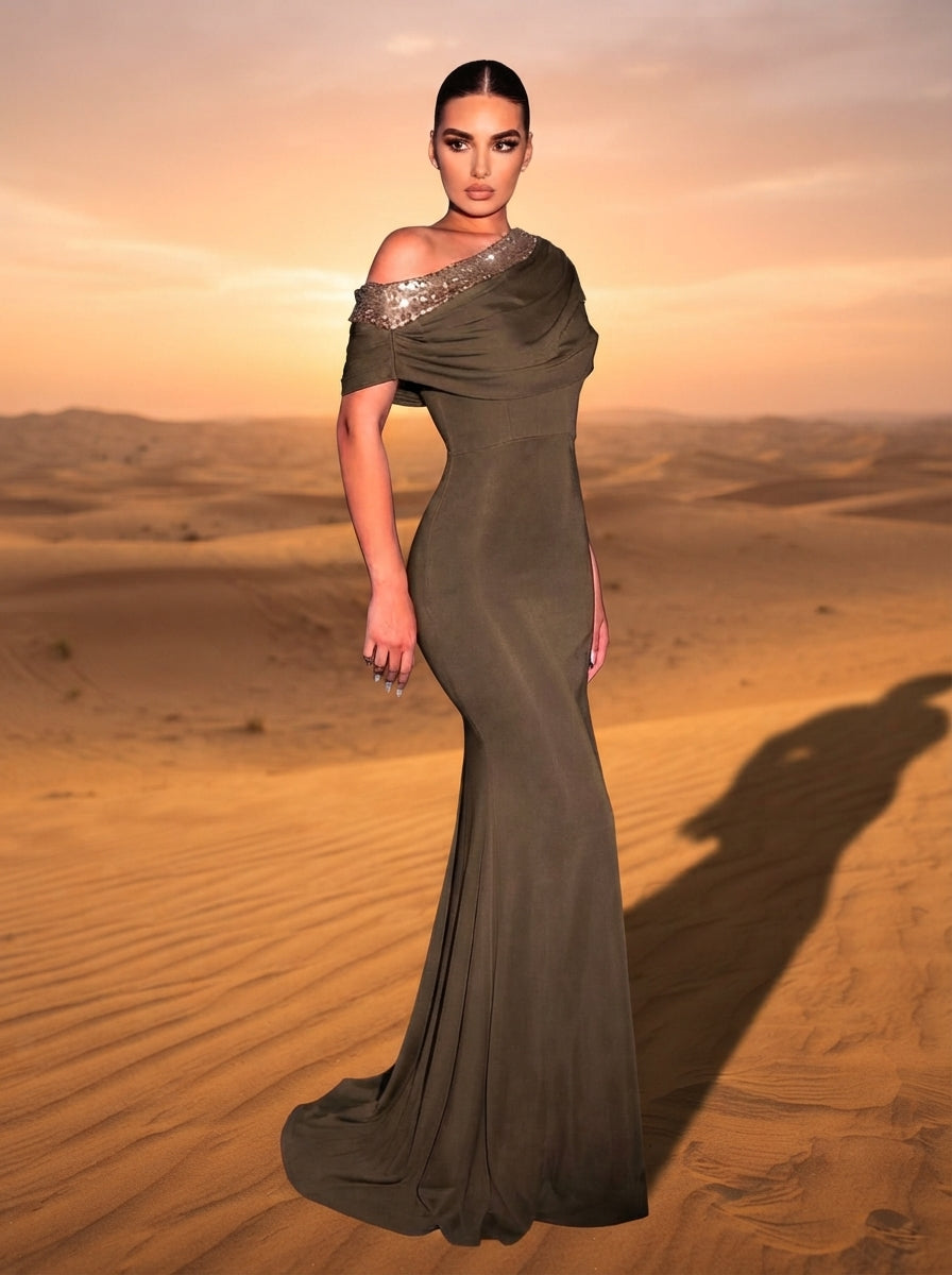 SDE3263 Black Sequined Embroidery One-Shoulder Fishtail Gown