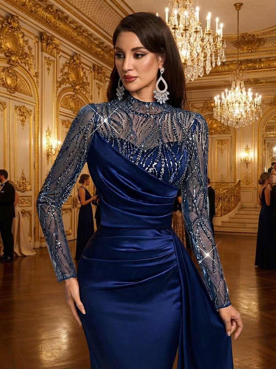 SDE3260 Navy Blue Sequin Patchwork Satin Evening Gown