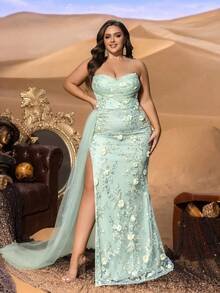 SD3259 Strapless Floral Beaded Gown with Tulle Overlay - UK20 (2XL), Green image