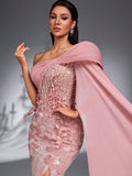 SD3272 Lotus Pink 3D Floral Cape Sleeve Gown