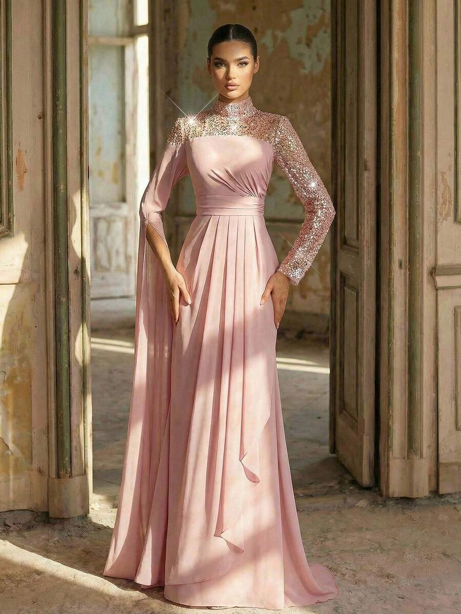 SDE3275 Pink Sequined Embroidered Chiffon Fishtail Gown