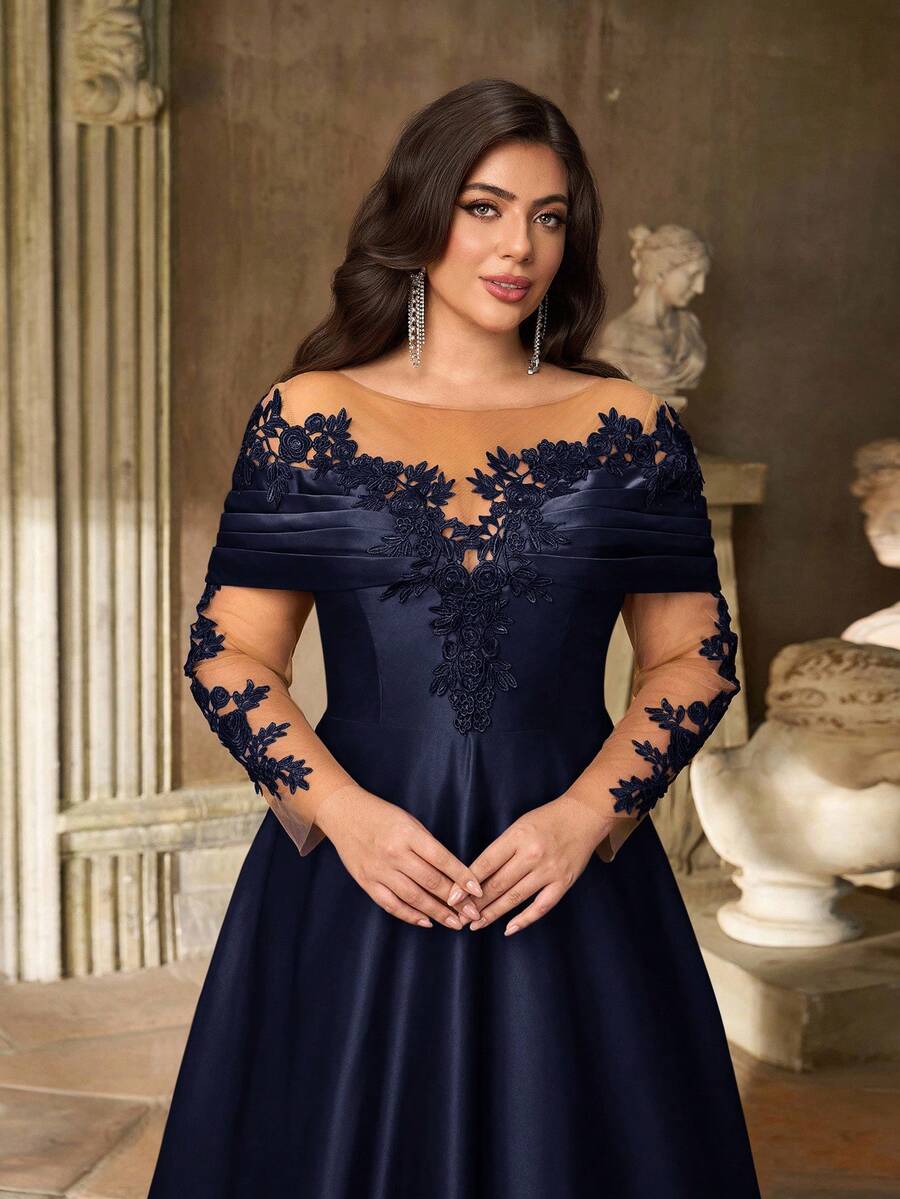 SDE3252 Plus Size Burgundy Lace Applique Off-Shoulder Satin Dress